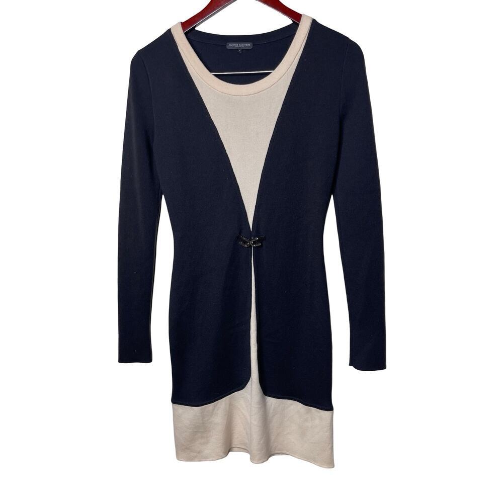 Manrico Cashmere grey cream lightweight fitted mini dress long sleeve sz M